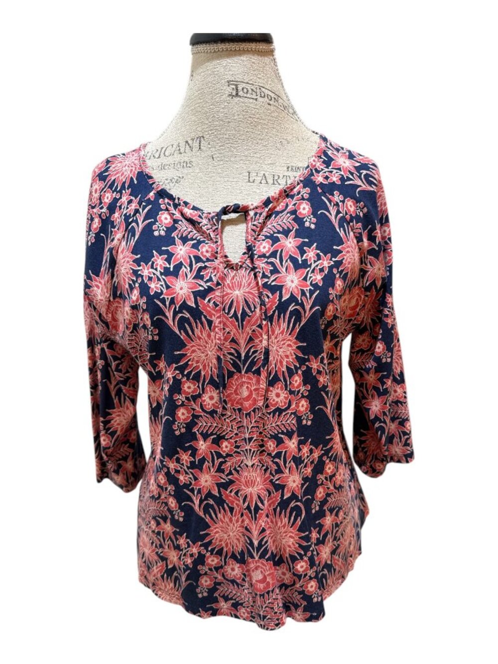 Talbots Petite Sz Lp Blue & Coral Pink Floral Tie Front 3/4 Sleeve Top